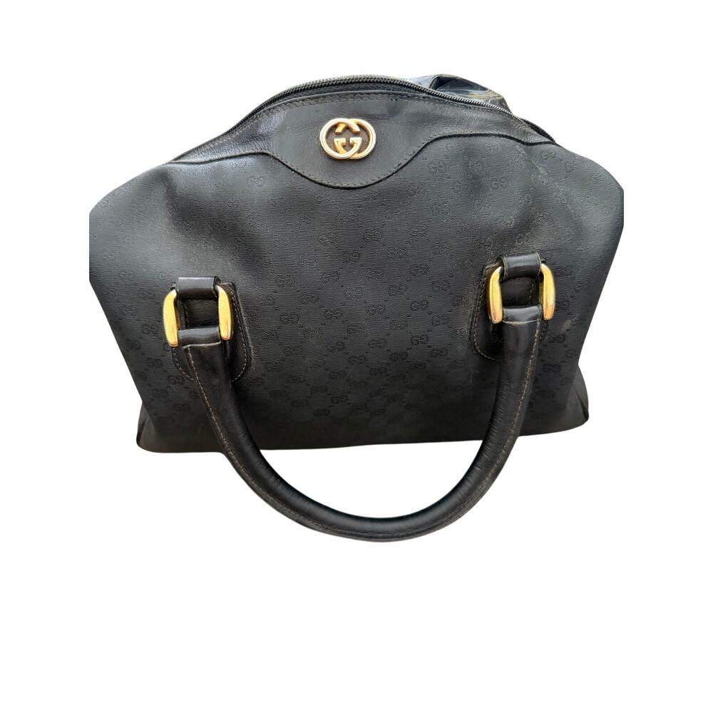 VTG Gucci Boston Bag Black Monogram Embossed Leather Trim Double Handle Strap